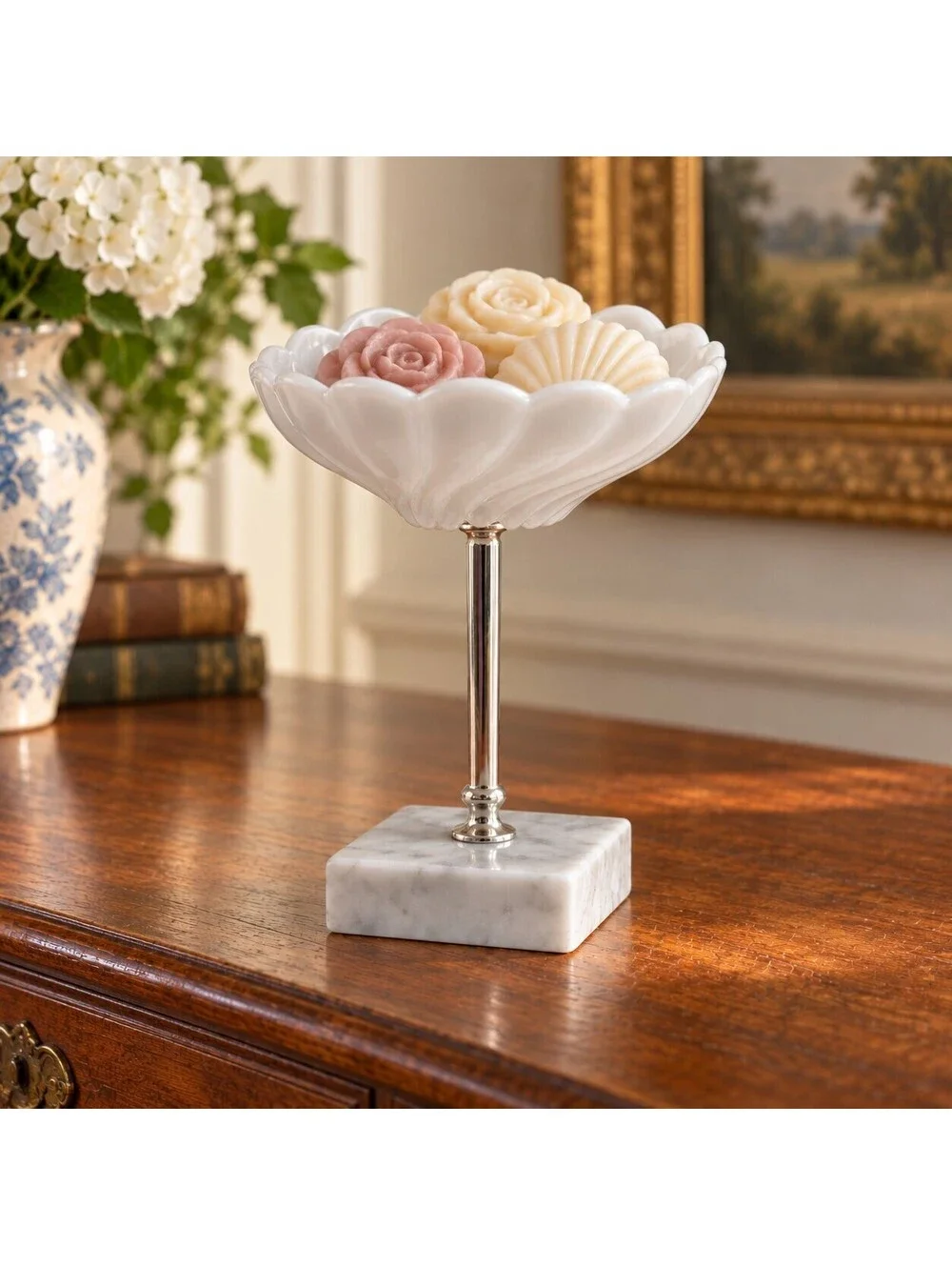 White Milk Glass Pedestal Dish with Marble Base | Scalloped Compote